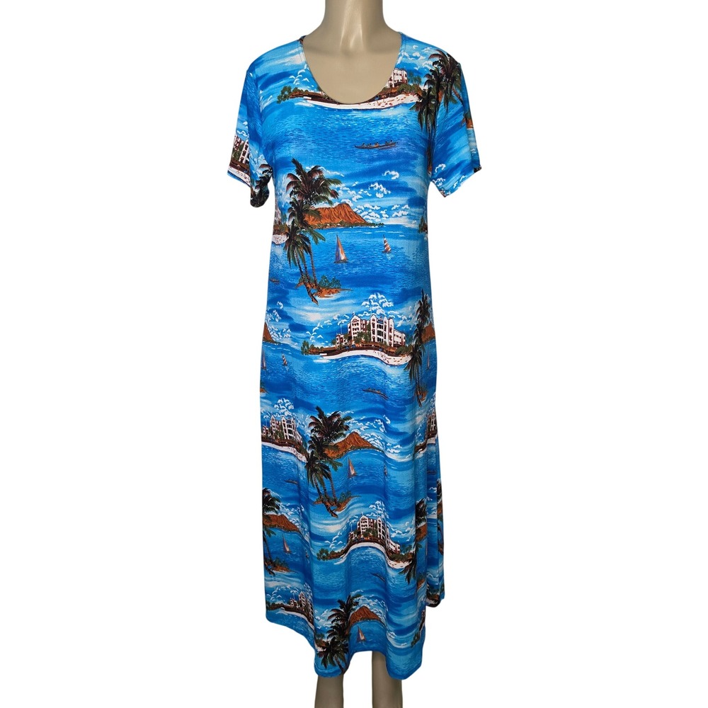 VTG Jostar Dress Medium Blue Tropical Boat Maxi Short Sleeve Stretch Vacay Beach